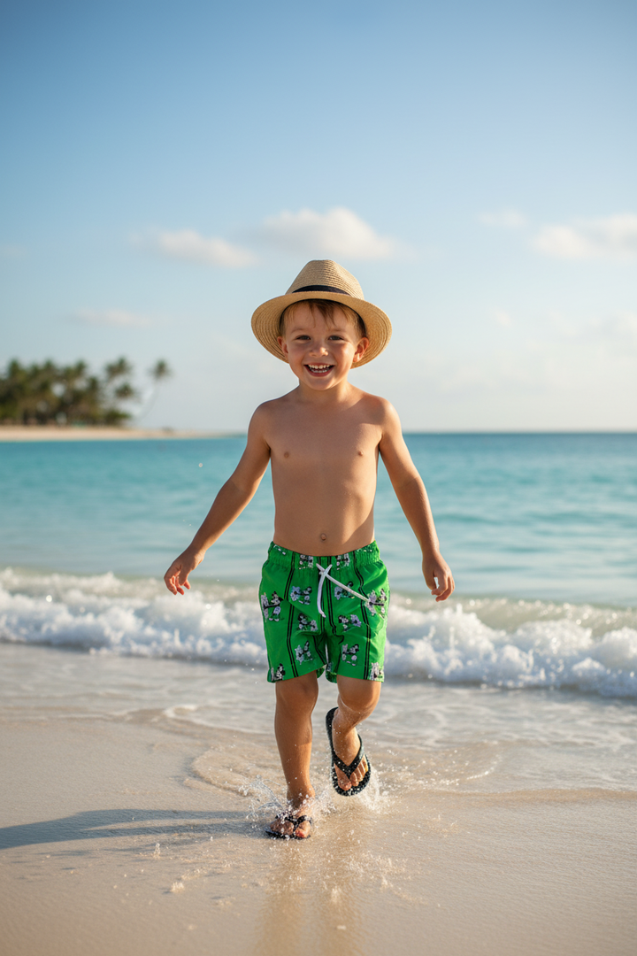 Ocean Baby Boys Neon Green SteamBoat Mickey Swim Shorts (12M-10YRS)