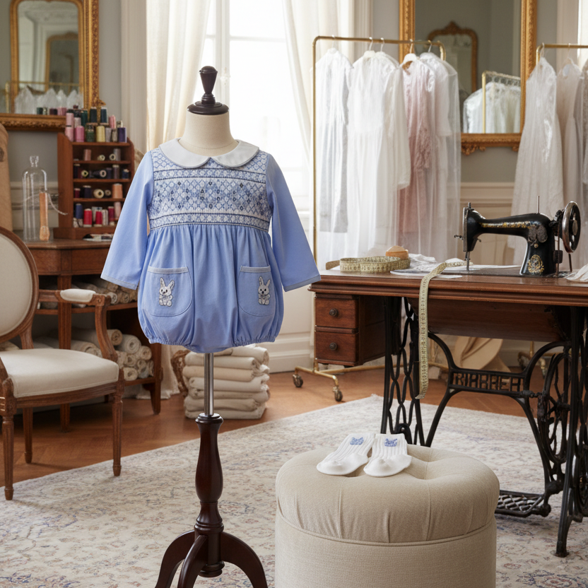 cotton baby boys luxury outfit featuring bunnies and hand smocking baby boys spring outfit