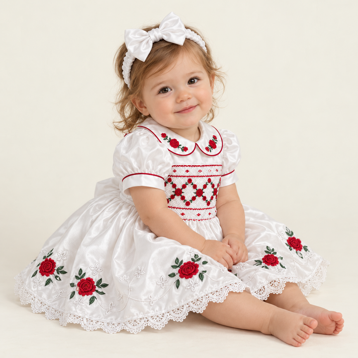 white traditional smocked baby girls dress