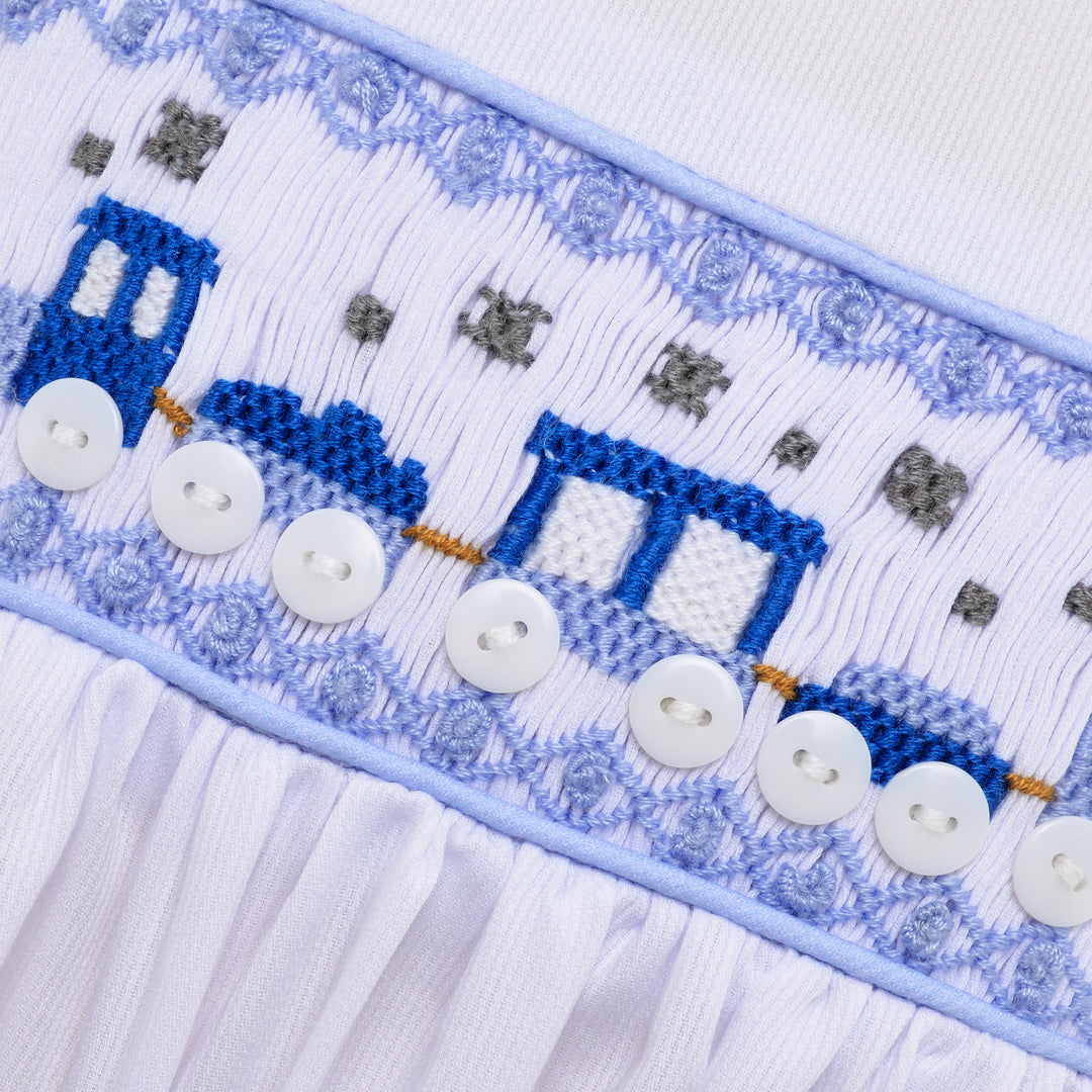 Ocean Baby Blue Plaid Train Themed Smocked Buster Suit (NB-2YRS)