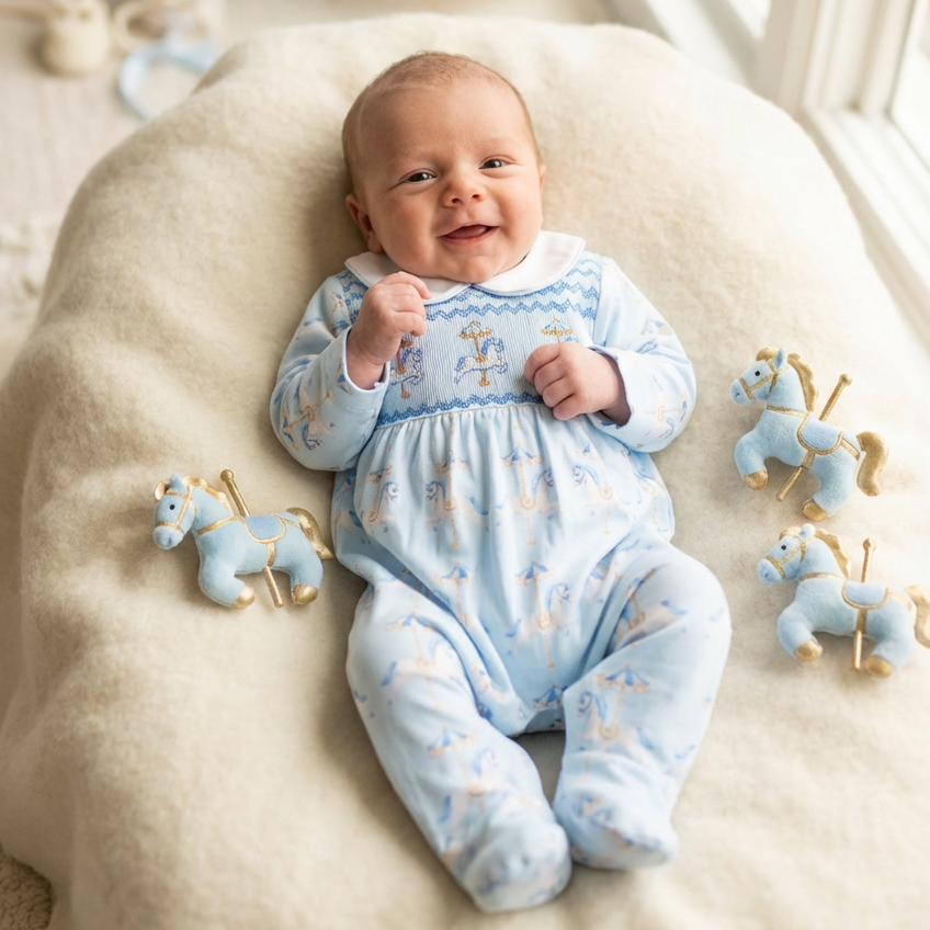 Ocean Baby Boys Smocked Pastel Carousel Sleepsuit (NB-18M)