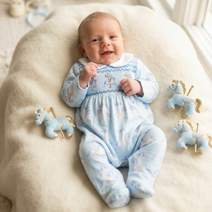 Ocean Baby Boys Smocked Pastel Carousel Sleepsuit (NB-18M)
