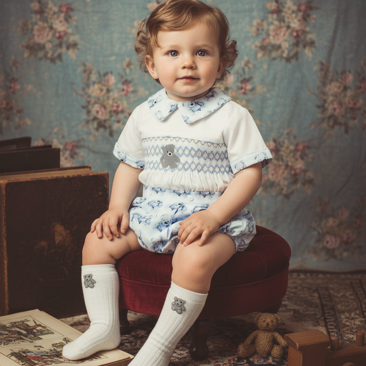Ocean Baby Boys Smocked Teddy Print Buster Suit Set (NB-2Yrs) Featured in British Vogue