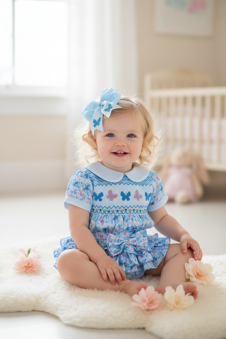 Ocean Baby Girls Blue Butterfly Smocked Buster Suit Set (NB-4Yrs)