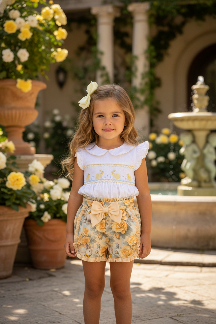 Ocean Baby Girls Vintage Bunny Lemon Rose Smocked Shorts Set (12M-10Y)