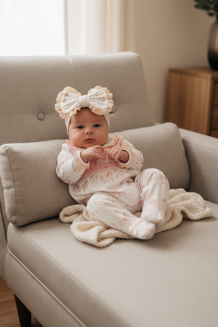 Ocean Baby Girls Smocked Carousel Themed Sleepsuit & Headband Set (NB-18M)