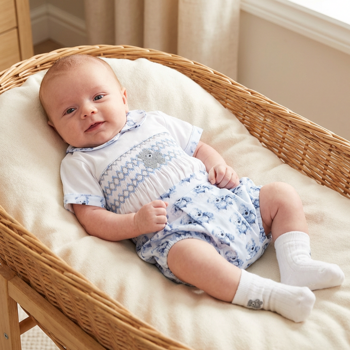 Ocean Baby Boys Smocked Teddy Print Buster Suit Set (NB-2Yrs) Featured in British Vogue
