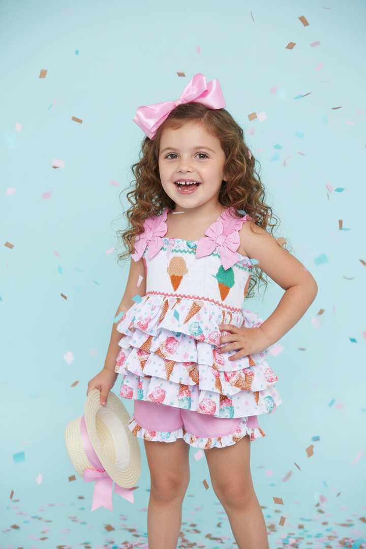Ocean Baby Girls Icecream Ruffle Smocked Shorts Set (12M-8Y)