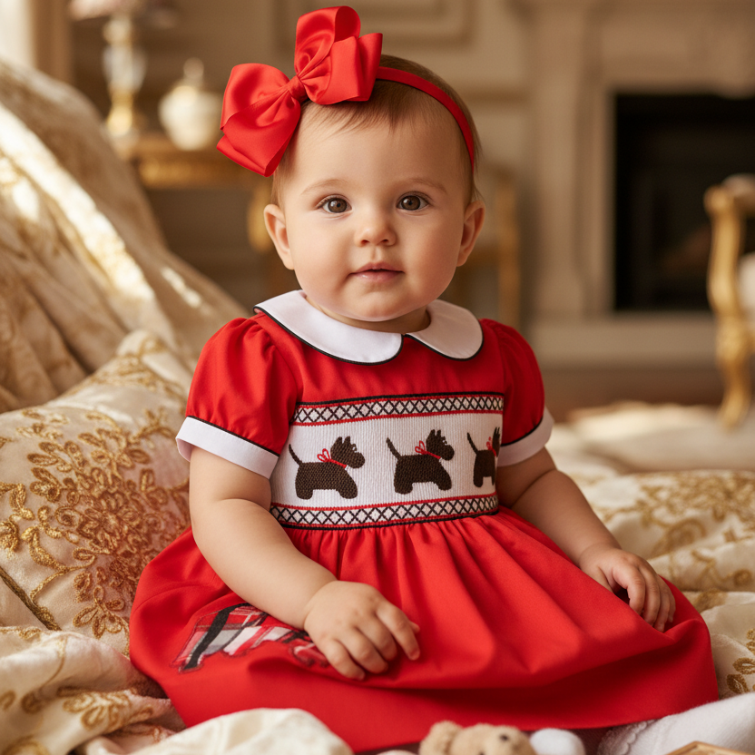 Ocean Baby Girls Red Classic Scottie Dog Smocked Petticoat Layered Dress - (NB-8Yrs)