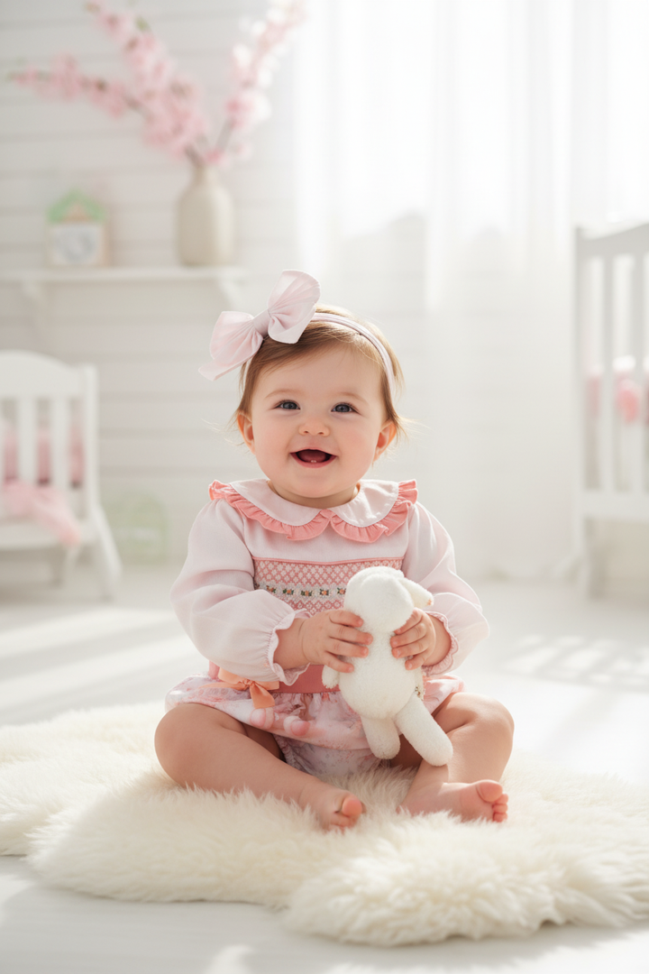 Ocean Baby Girls Smocked Floral Teddy Bear Buster Suit Set (NB-3Yrs)