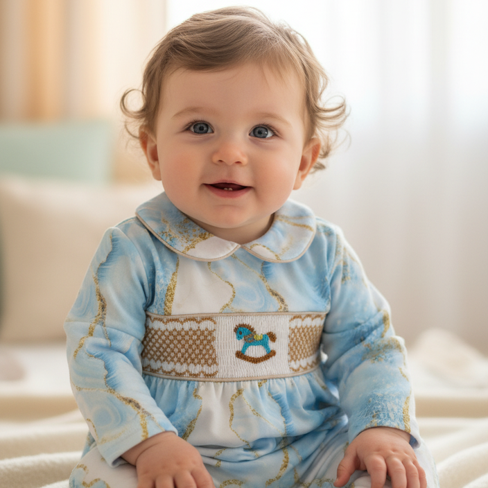 Ocean Baby Boys Smocked Marble Effect Rocking Horse Sleepsuit & Bib Set (NB-18M)