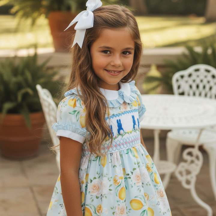 Ocean Baby Lemon & Floral Cotton Smocked Bunny Dress (NB-8Yrs)