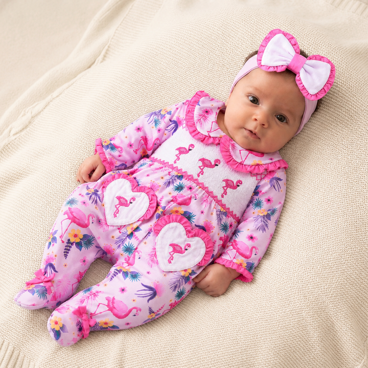 Ocean Baby Girls Smocked Flamingo Sleepsuit & Headband Set (NB-18M)