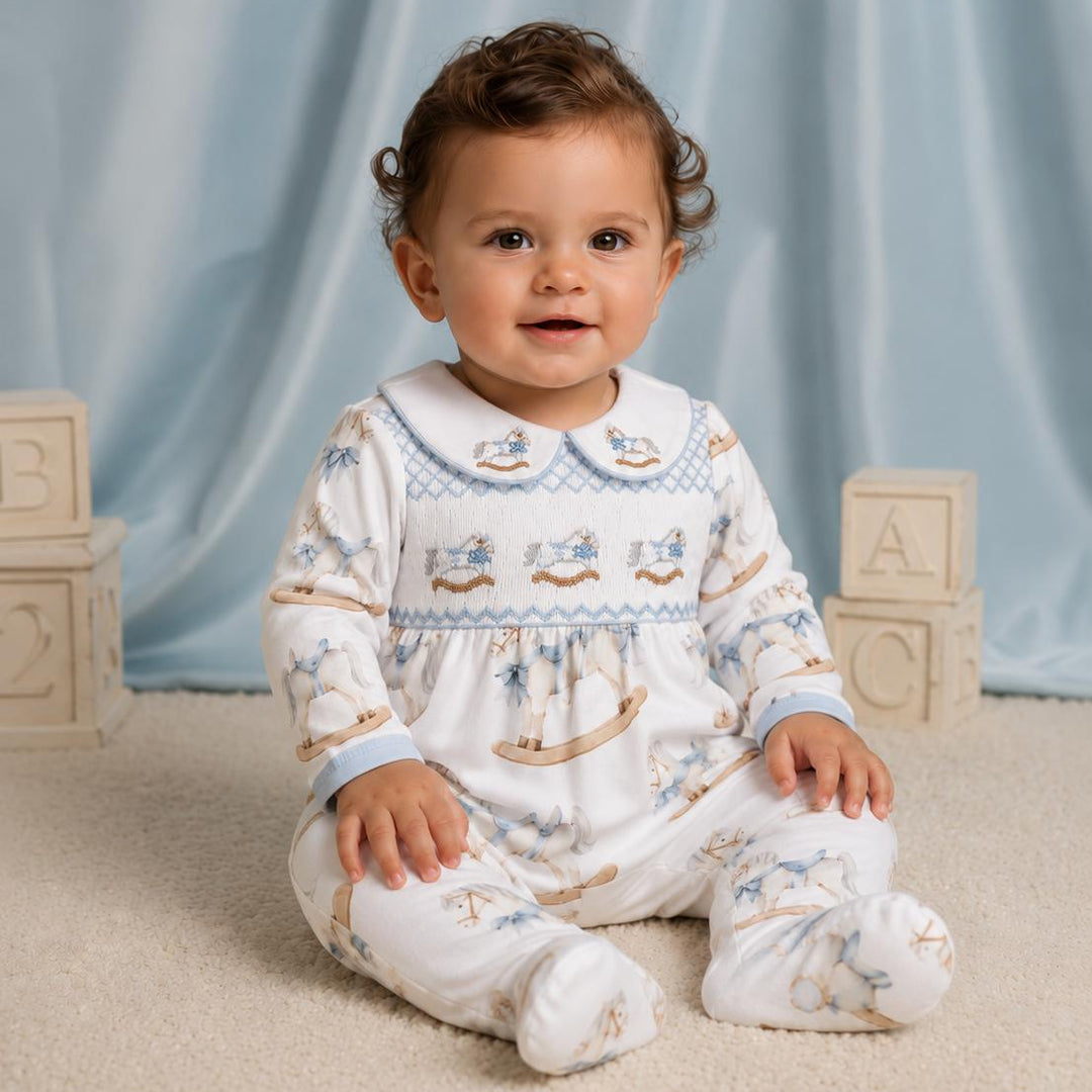 smocked rocking horse sleepsuits 