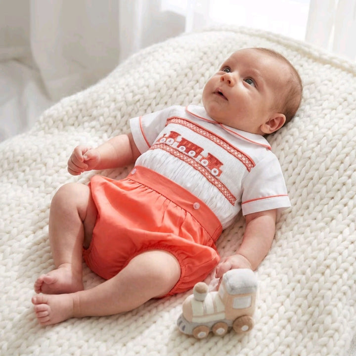 Ocean Baby Terracotta Train Themed Smocked Buster Suit (NB-2YRS)