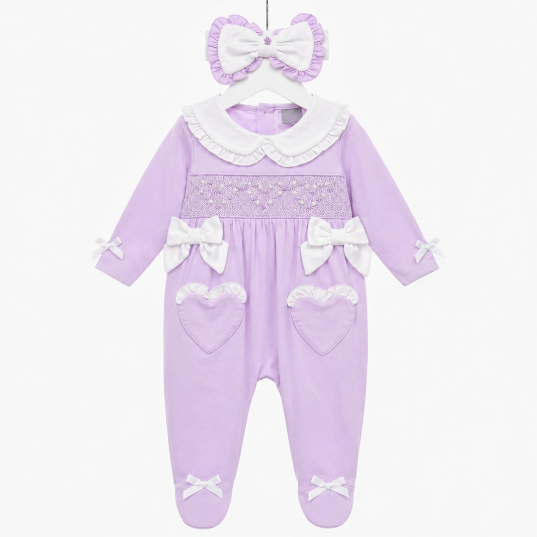 Ocean Baby Girls Smocked Lilac Pearl Heart Sleepsuit & Headband Set (NB-18M)