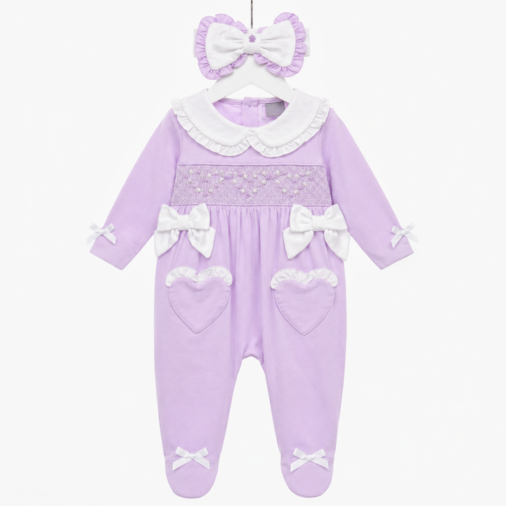 Ocean Baby Girls Smocked Lilac Pearl Heart Sleepsuit & Headband Set (NB-18M)