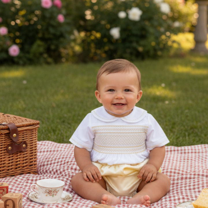 gold smocked baby boys outfit