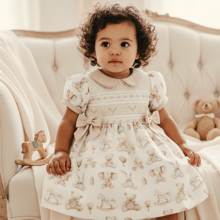 Child in a white dress with teddy bear pattern sitting on a couch with teddy bears around.