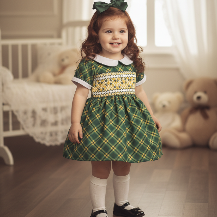 Ocean Baby Girls Green & Lemon Plaid Smocked Petticoat Layered Dress - (NB-8Yrs)