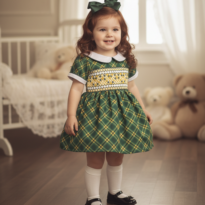 Ocean Baby Girls Green & Lemon Plaid Smocked Petticoat Layered Dress - (NB-8Yrs)