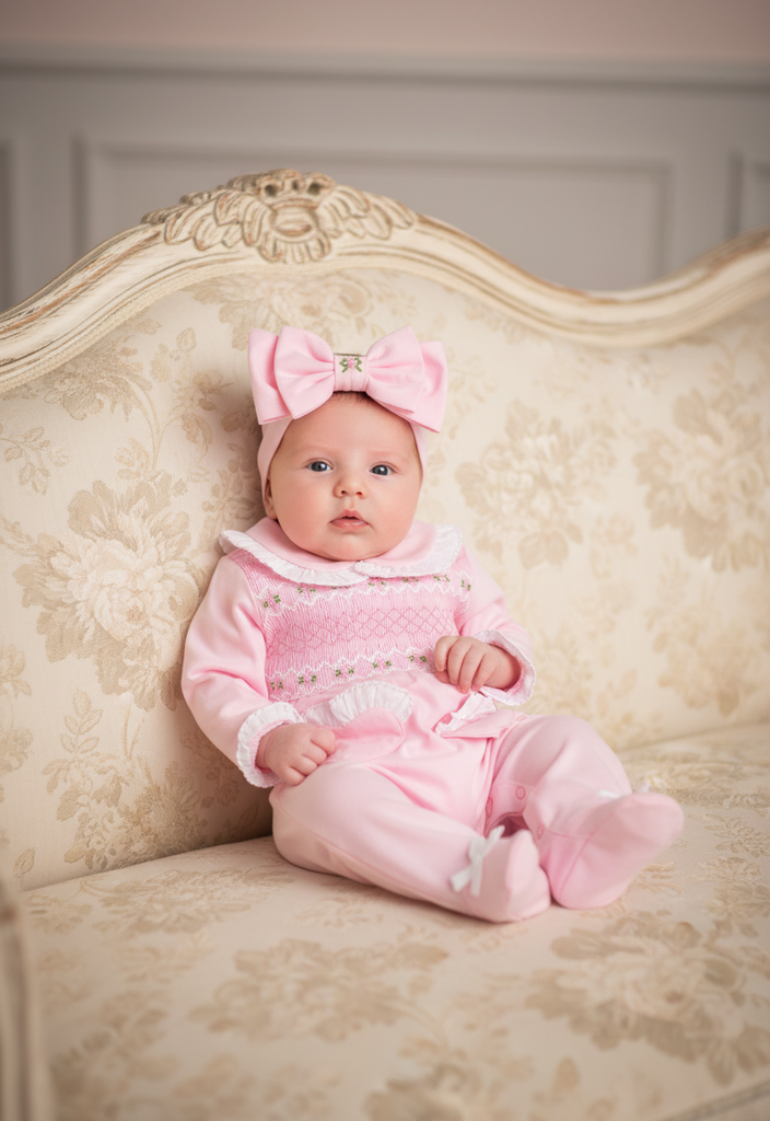 Ocean Baby Girls Pink Smocked Sleepsuit & Headband Set (NB-18M)