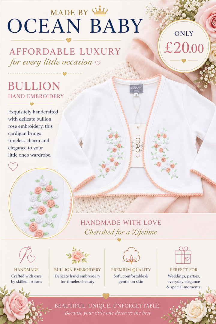 Ocean Baby 'My Little Treacle' Hand Embroidered Rose Bullion Cardigan White/Peach (NB-10Yrs)
