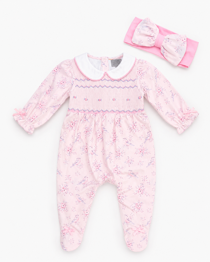 Ocean Baby Girls Pretty Little Songbird Hand Smocked & Embroidered Sleepsuit & Headband Set (NB-18M)