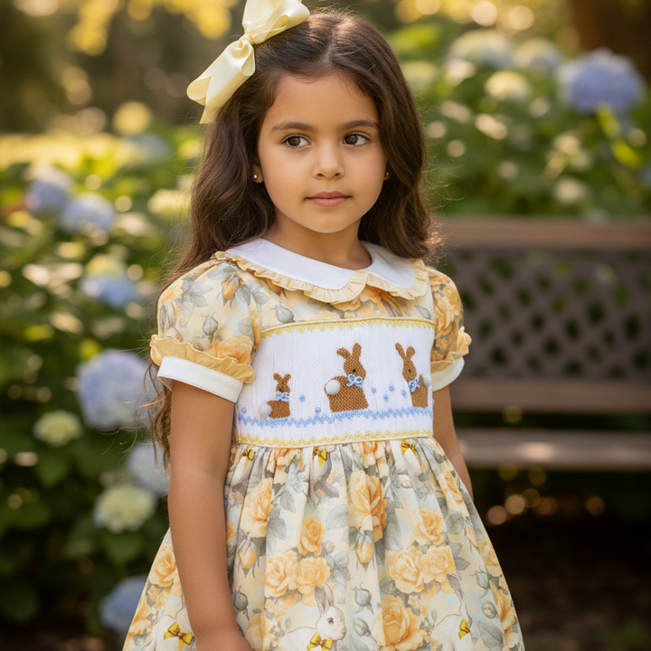 Ocean Baby Vintage Bunny Smocked Lemon Rose Petticoat Layered Dress (NB-8Yrs)