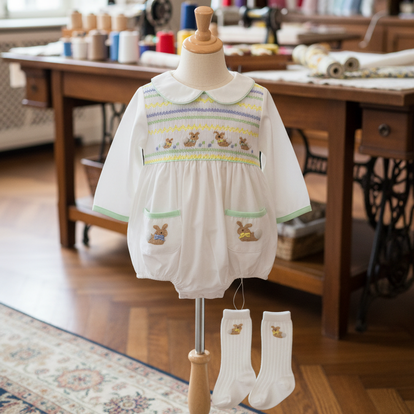 newborn cotton baby boys outfit spring clothing smocked hand made bunnies