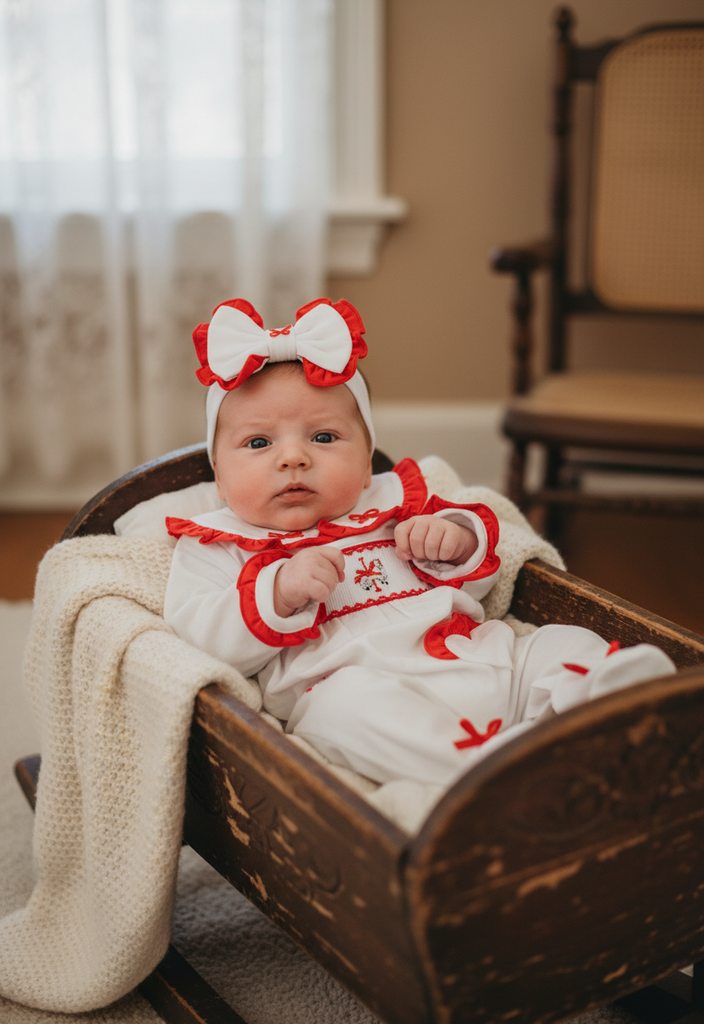 Ocean Baby Girls Red Smocked Rocking Horse Sleepsuit & Headband Set (NB-18M)