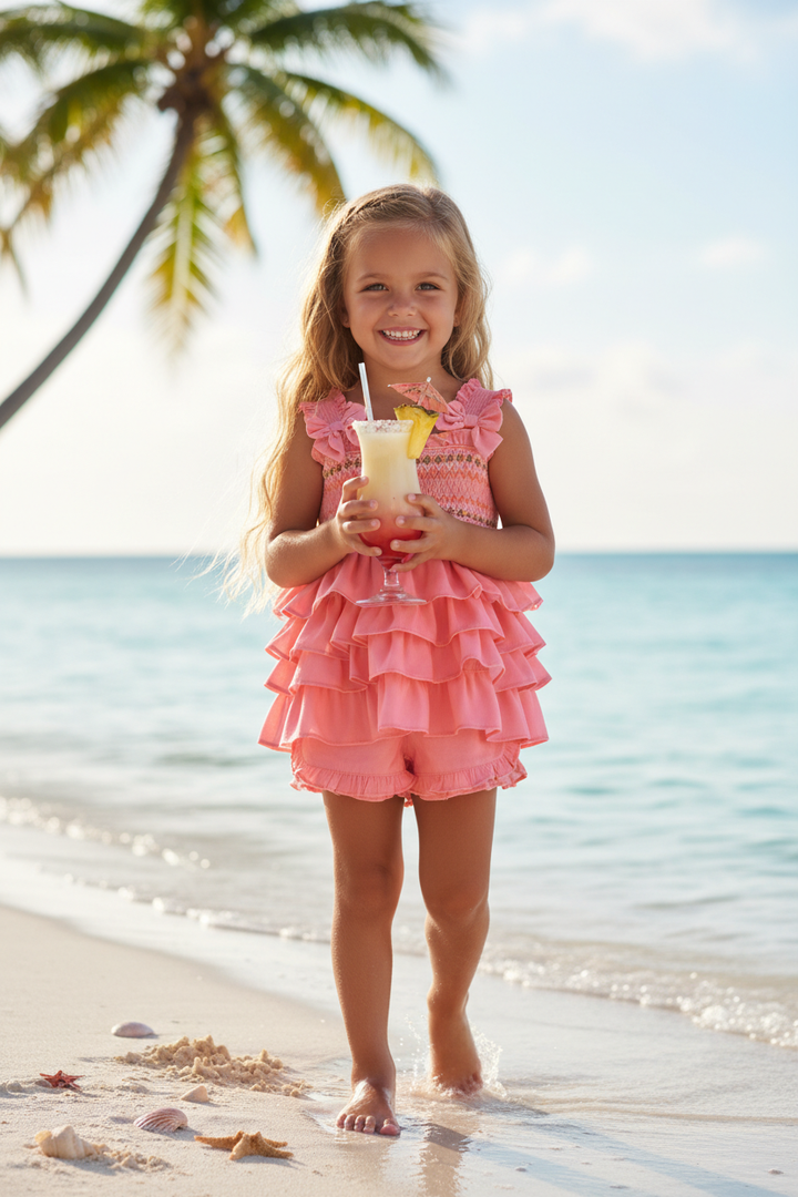Ocean Baby Girls Peach Ruffle Smocked Shorts Set (12M-10Y)
