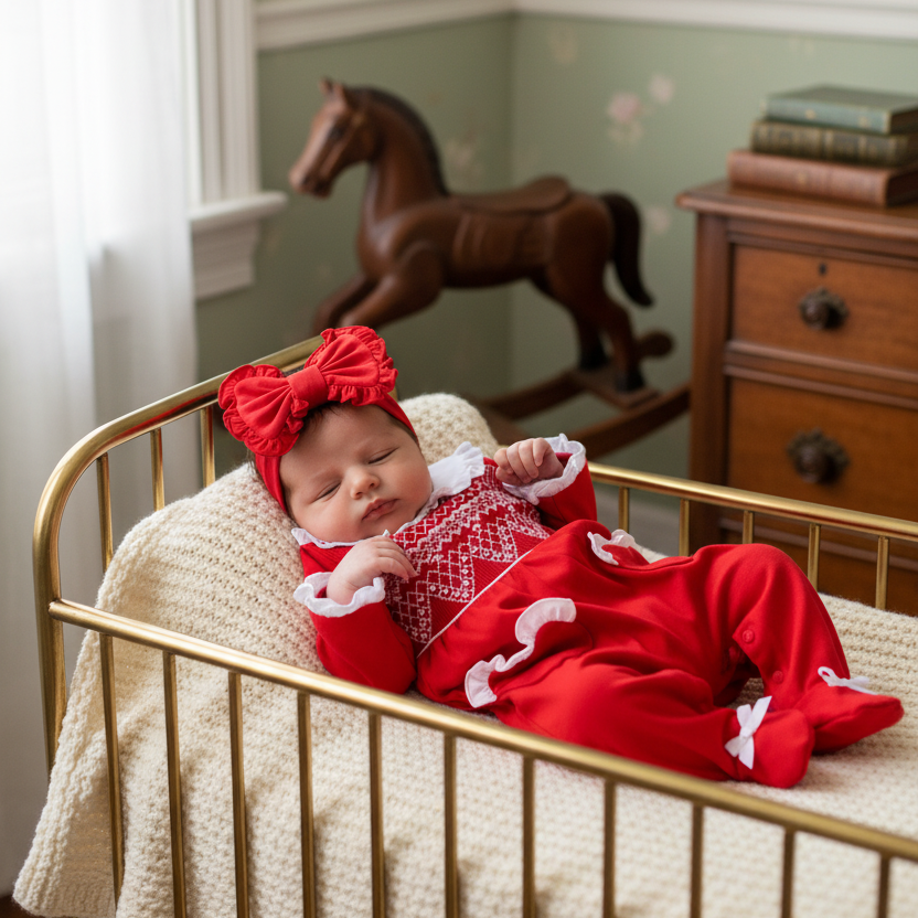 red cotton smocked baby sleepsuit