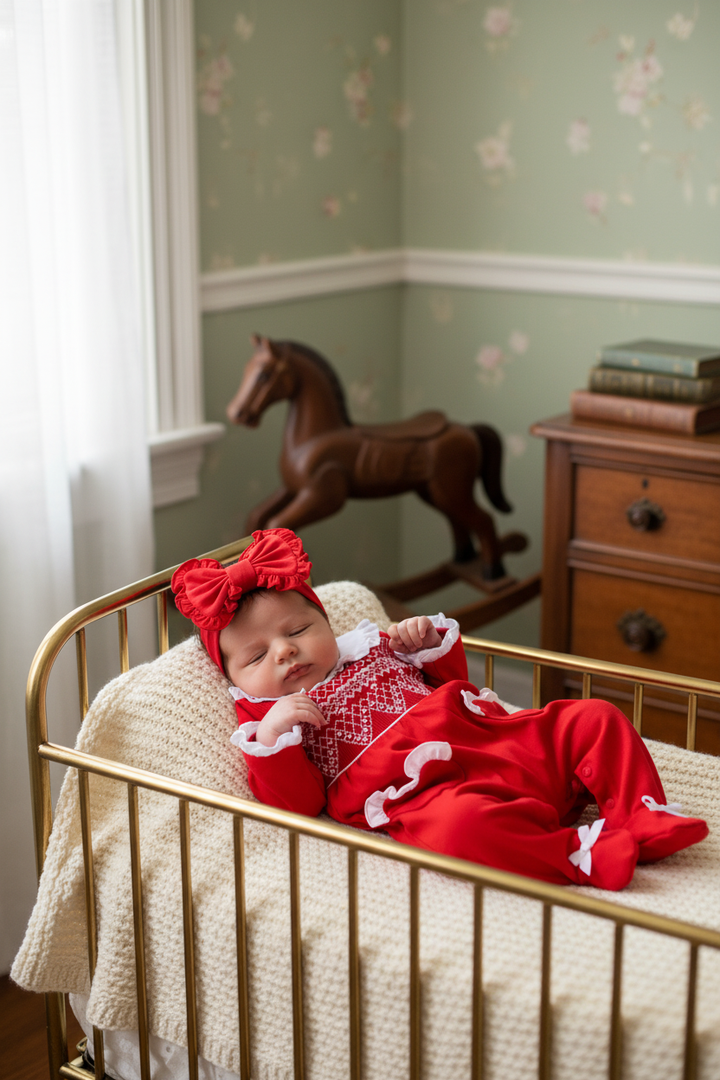 Ocean Baby Girls Ruby Red Smocked Sleepsuit & Headband Set (NB-18M)