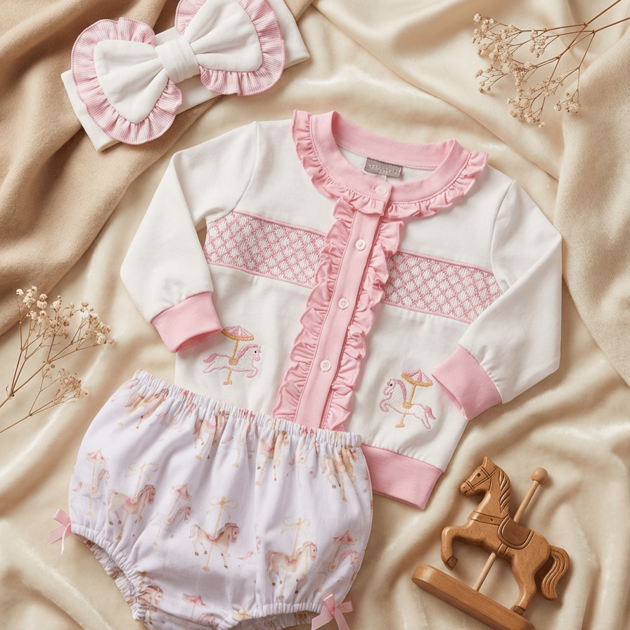 Ocean Baby Girls Carousel Smocked Cardigan & Pants Outfit (NB-4Yrs)