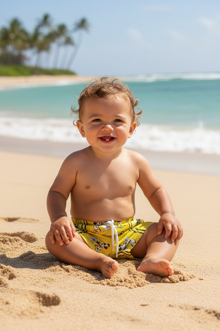 Ocean Baby Boys Neon Yellow SteamBoat Mickey Swim Shorts (12M-10YRS)
