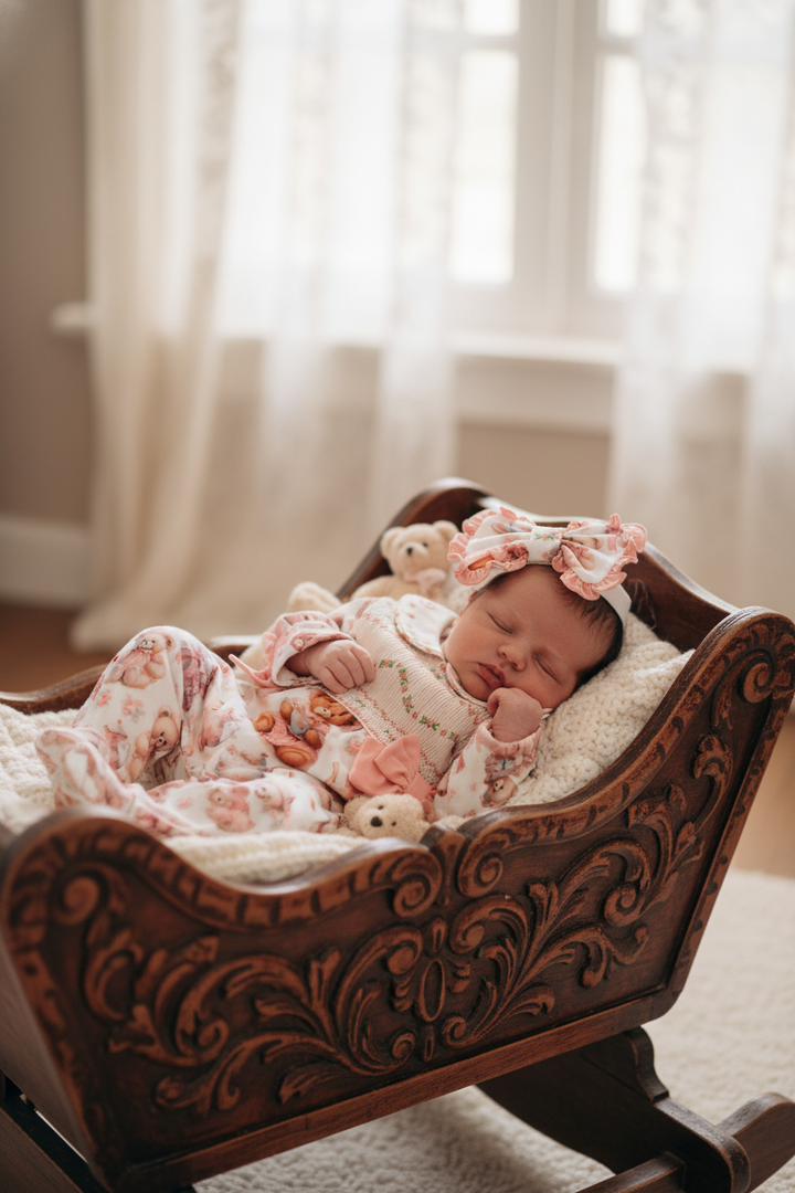 Ocean Baby Girls Teddy Tea Party Smocked Sleepsuit & Headband Set (NB-18M)