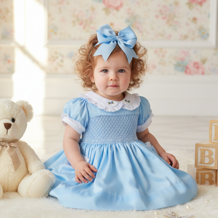 Ocean Baby Girls Exclusive Topaz Lux Collection Satin Smocked Petticoat Layered Dress (3M-8Yrs)