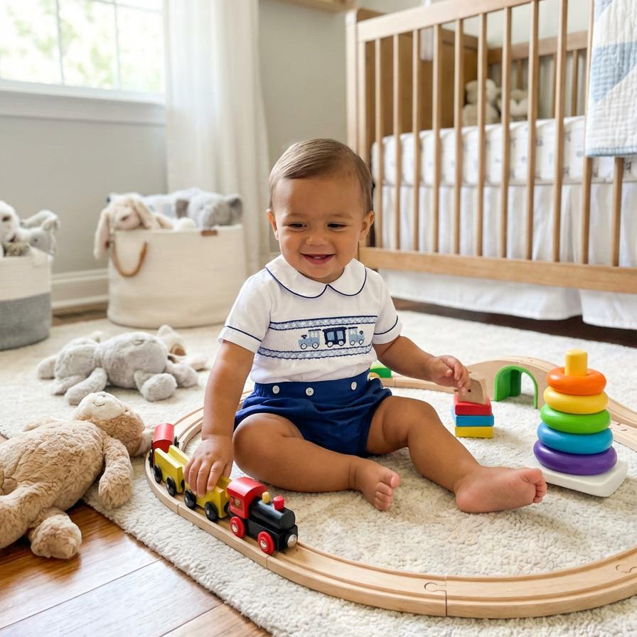 Ocean Baby Midnight Navy Train Themed Smocked Buster Suit (NB-3Yrs)