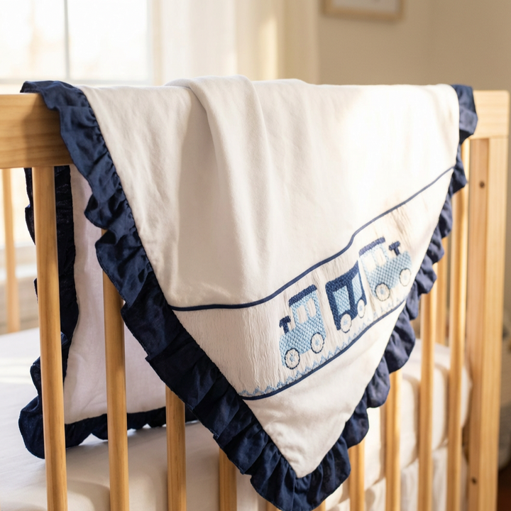 Ocean Baby Boys Train Smocked Ruffle Edged Blanket