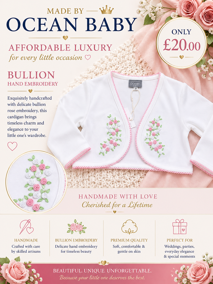Ocean Baby Girls Hand Embroidered Rose Bullion Cardigan White/Pink (NB-10Yrs)