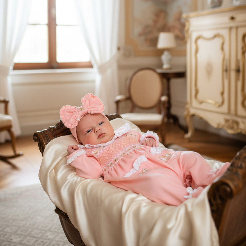 smocked baby girls sleepsuit peach cotton baby sleepsuit