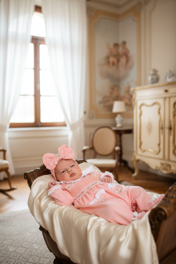 Ocean Baby Girls Peach Smocked Carousel Sleepsuit & Headband Set (NB-18M)