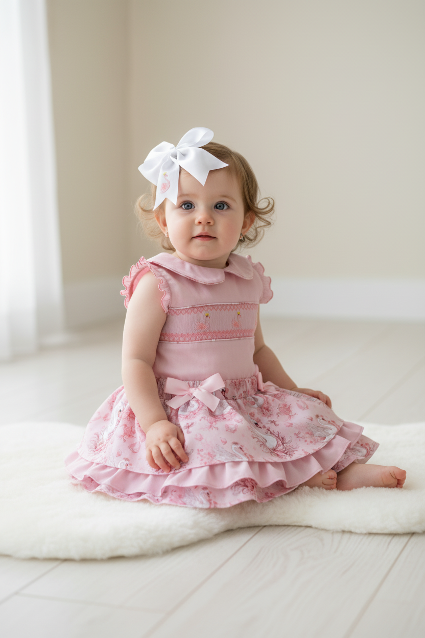 Ocean Baby Girls Floral Swan Smocked Skirt Set (2Y-10Y)