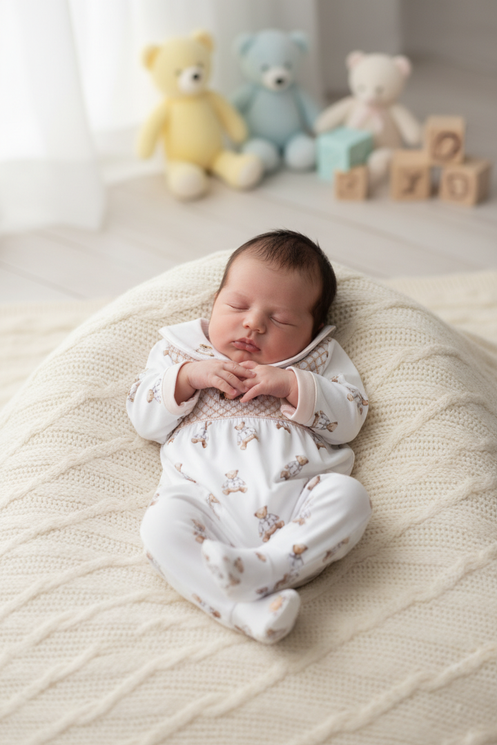 Ocean Baby Boys Smocked White Teddy Sleepsuit & Bib Set (NB-12M)