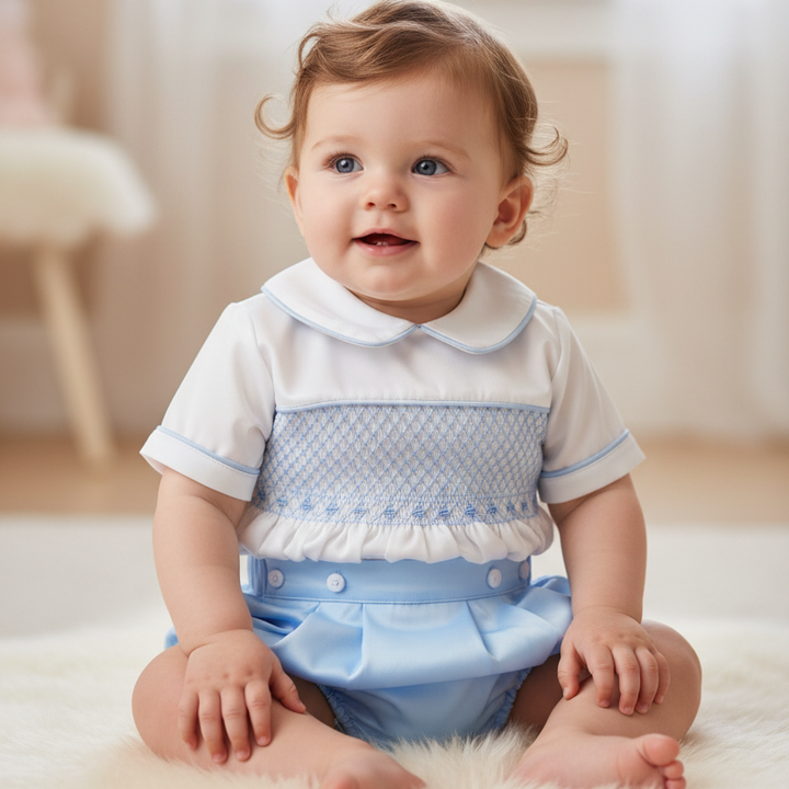 blue satin baby boys smocked outfit