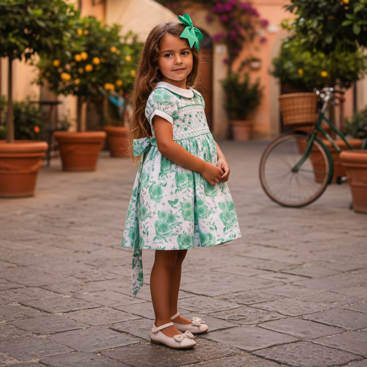 Smocked girls party dress in mint cotton with hand embroidery 