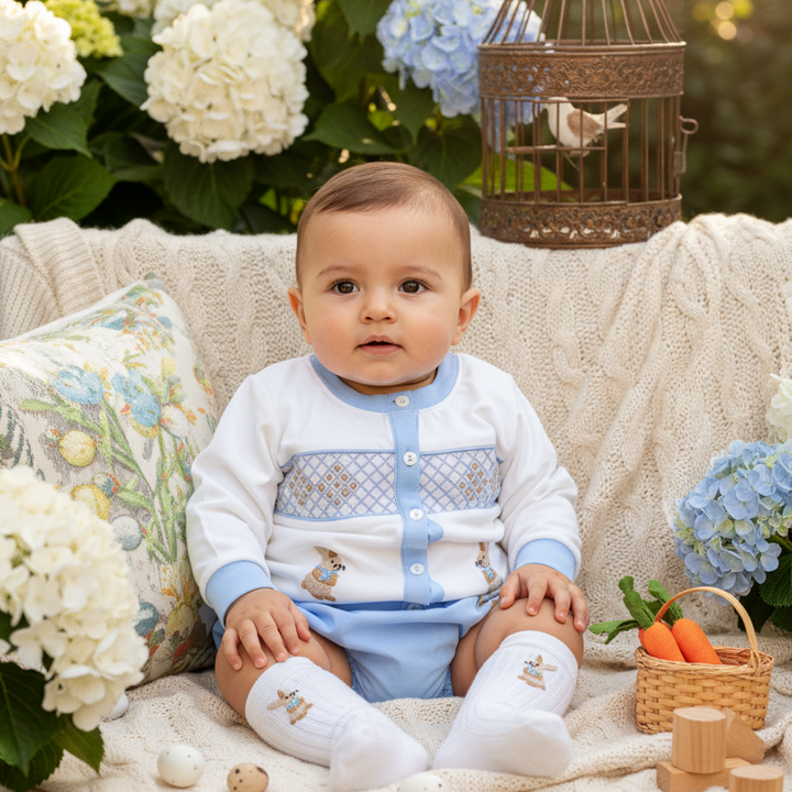 smocked baby boy suit set in blue cotton with hand smocked geometric design, button fastening