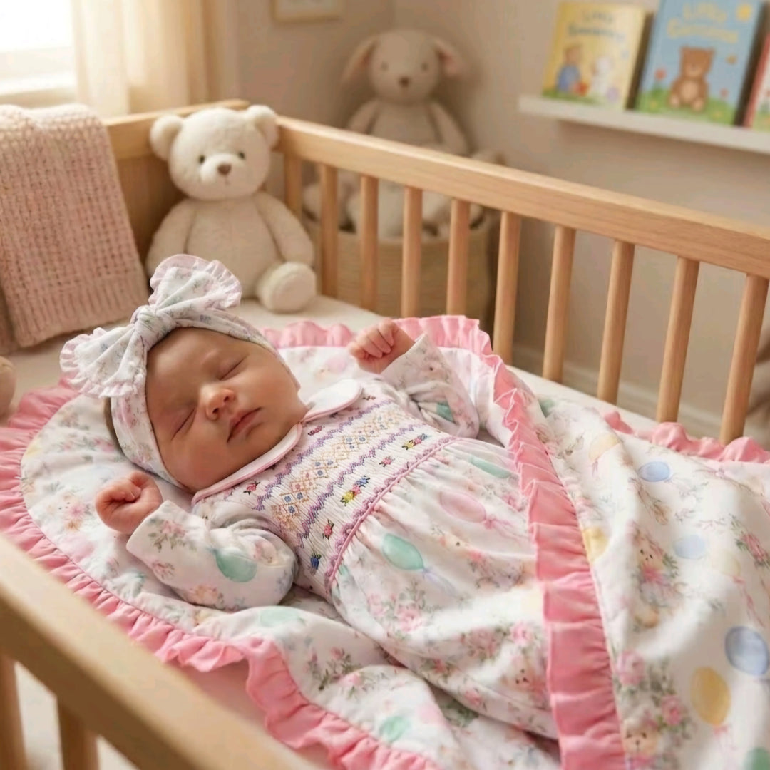 Ocean Baby Girls Smocked Pastel Teddy Bear Sleepsuit & Headband Set (NB-18M)