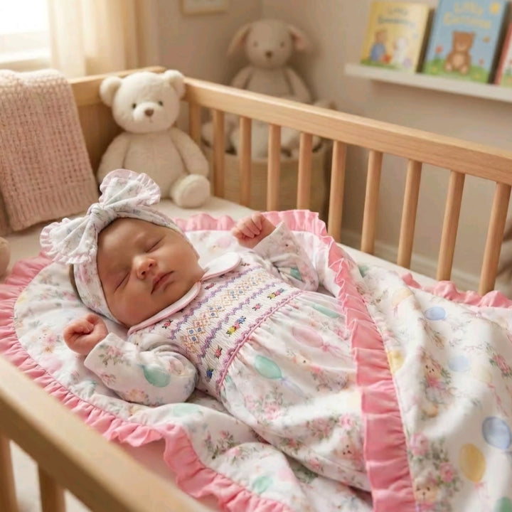 Ocean Baby Girls Smocked Pastel Teddy Bear Sleepsuit & Headband Set (NB-18M)